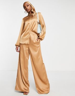 Flounce London satin palazzo trousers in sand