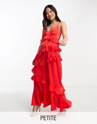 Flounce London Petite all over ruffle cami maxi dress in red