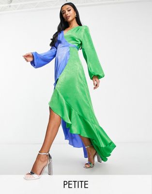 Flounce London Petite balloon sleeve ruffle maxi dress in contrast blue and green