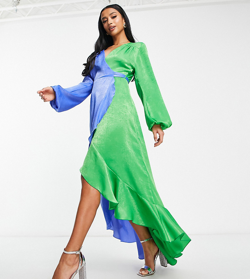 Flounce London Petite Balloon Sleeve Ruffle Maxi Dress In Contrast Blue And Green-multi