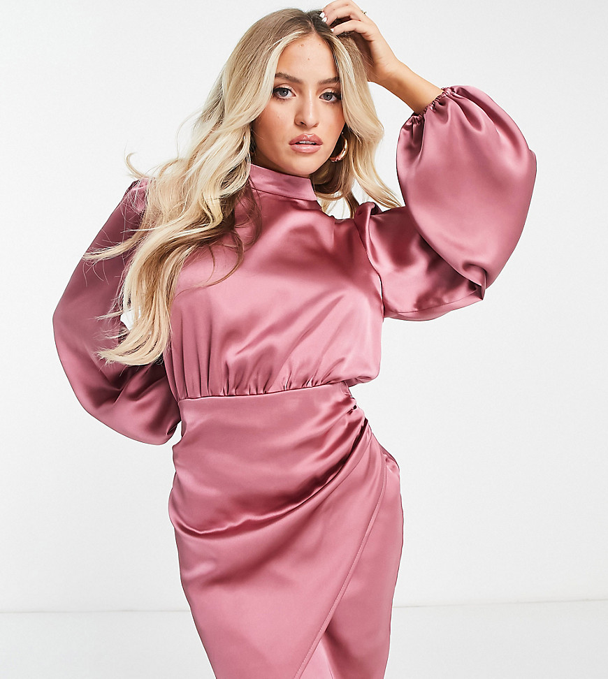 Flounce London Petite Balloon Sleeve Wrap Mini Dress In Blush-pink