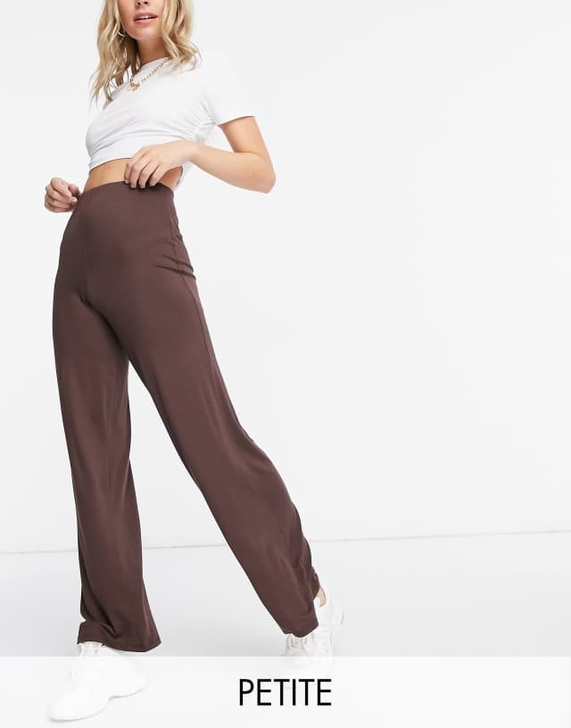 Flounce London Petite basic high waisted wide leg pants in chocolate brown