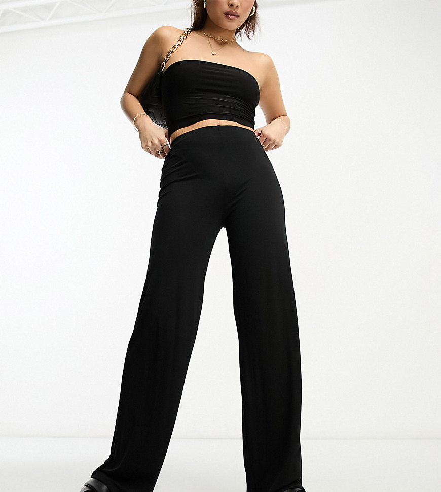 Flounce London Petite basic high waisted wide leg trousers in black