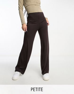 Flounce London Petite basic high waisted wide leg trousers in chocolate brown