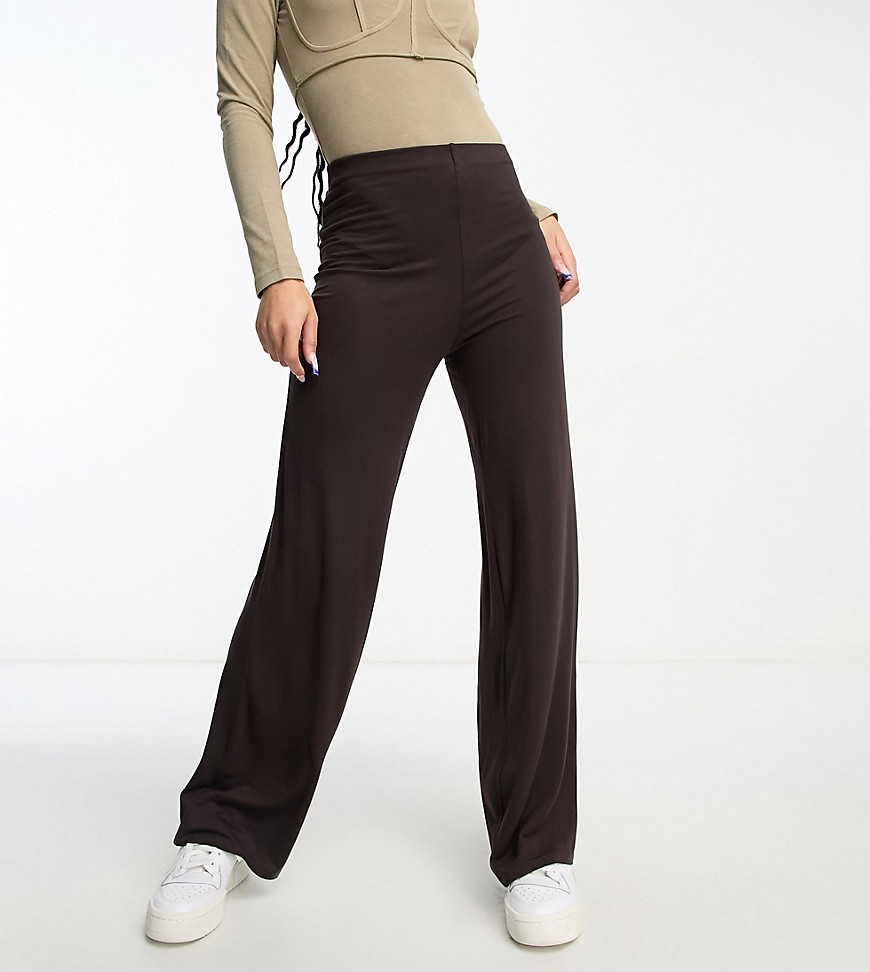 Flounce London Petite basic high waisted wide leg trousers in chocolate brown