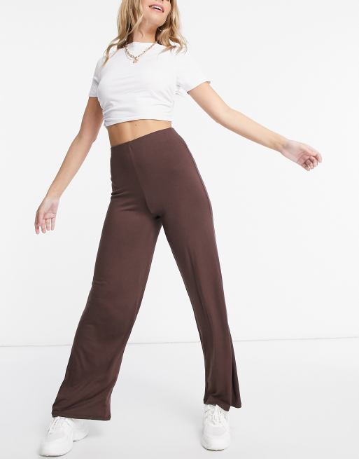 Flounce London Petite basic high waisted wide leg trousers in chocolate  brown | ASOS
