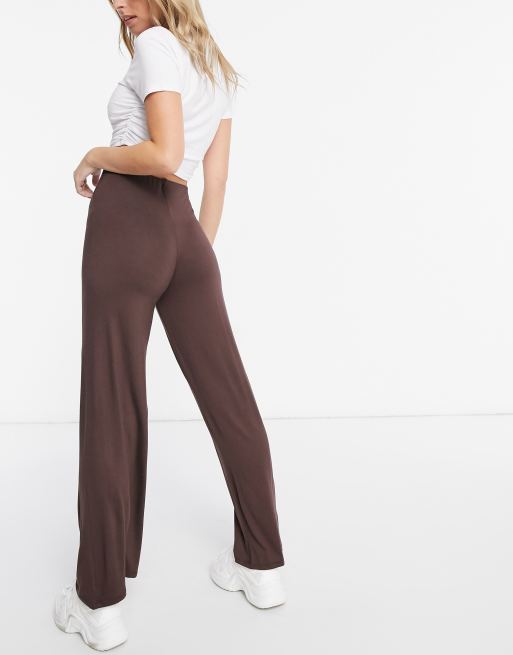 Flounce London Petite basic high-waisted wide-legged pants in chocolate brown, 2 of 4