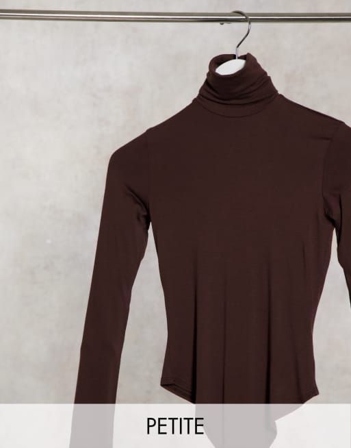 Flounce London Petite Basic Turtleneck Long Sleeve Bodysuit In Chocolate Brown Asos