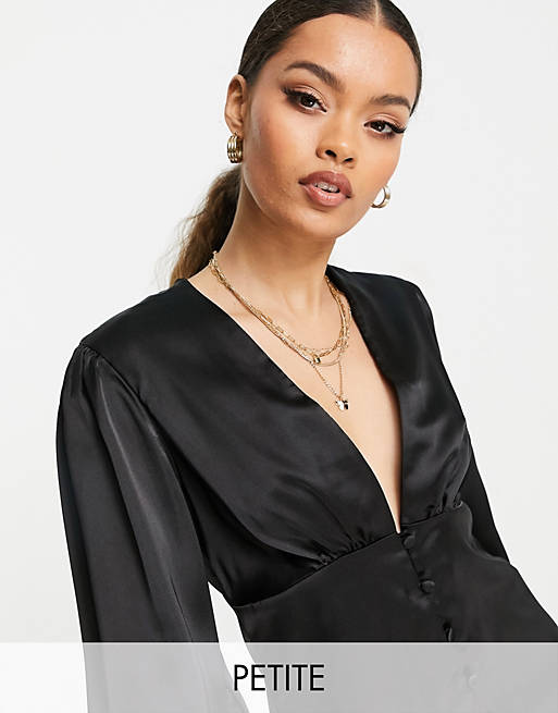 Women Shirts & Blouses/Flounce London Petite button front satin blouse in black 