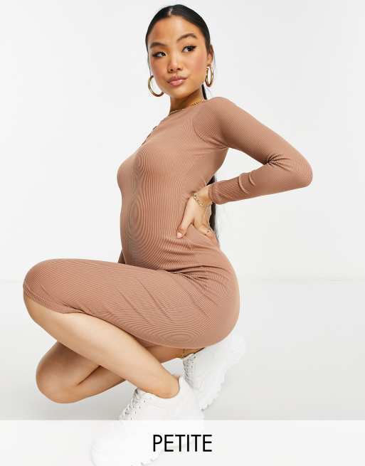 Flounce London Petite button trim ribbed midi dress in taupe