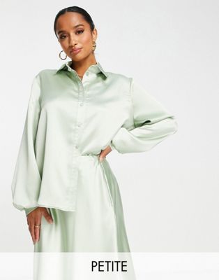 Flounce London Petite satin button up oversized shirt in sage  co-ord