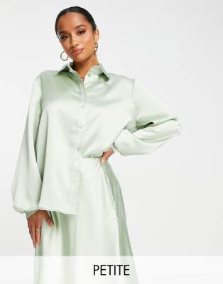 Flounce London Petite Button Up Oversized Shirt In Sage Satin - Part Of A Set-green