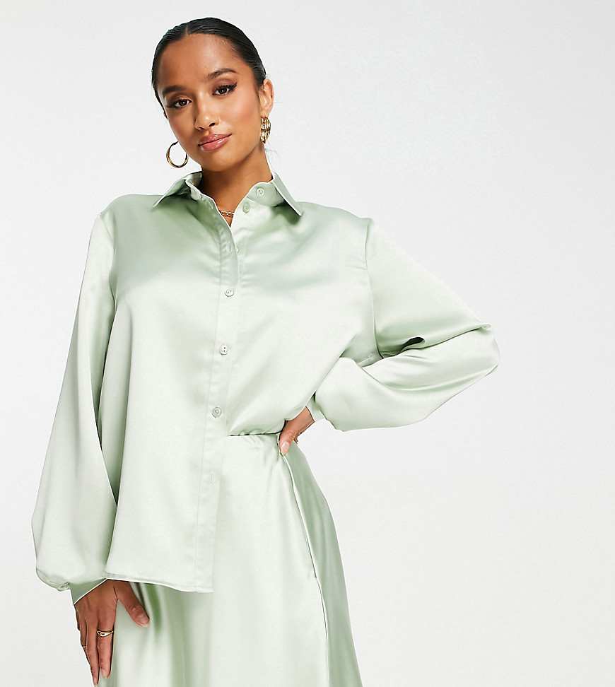 Flounce London Petite Button Up Oversized Shirt In Sage Satin - Part Of A Set-green