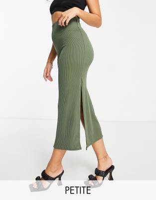 Flounce London Petite co-ord ribbed midi skirt with side splits in khaki - ASOS Price Checker