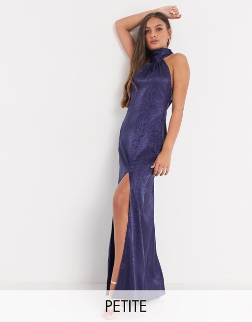 Flounce London Petite exclusive high neck maxi dress with open back in navy