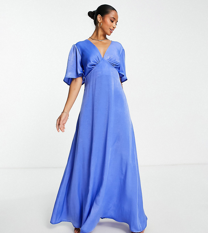 Flounce London Petite Flutter Sleeve Maxi Dress With Plunge Front In Blue Satin