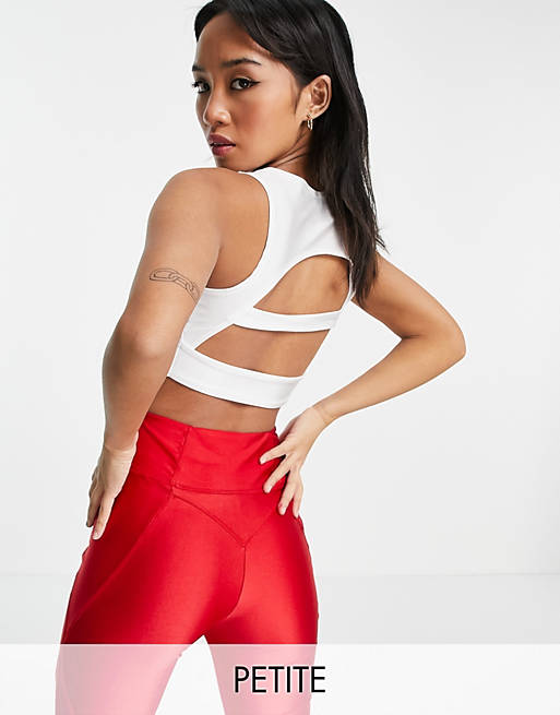 Flounce London Petite gym crop top with back detail in white