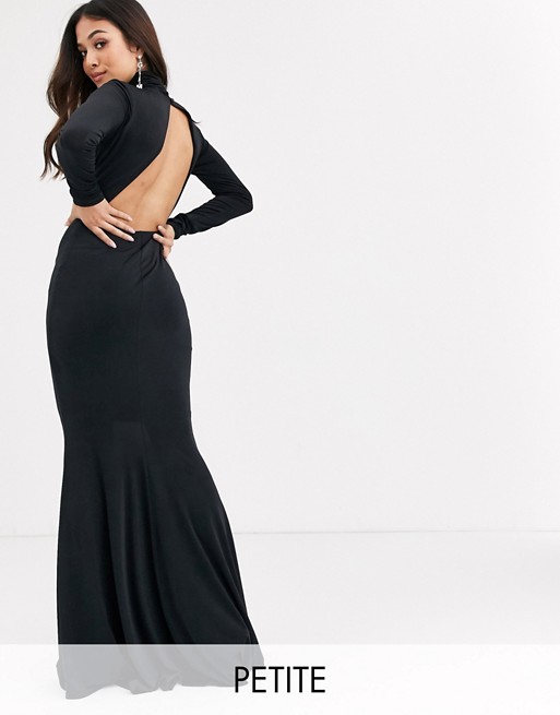 Flounce London Petite high neck fishtail maxi dress with ruched detail in black