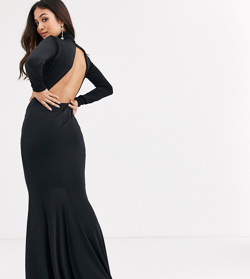 Flounce London Petite - Hoogsluitende lange jurk met vissenstaartmodel en rimpeleffect in zwart
