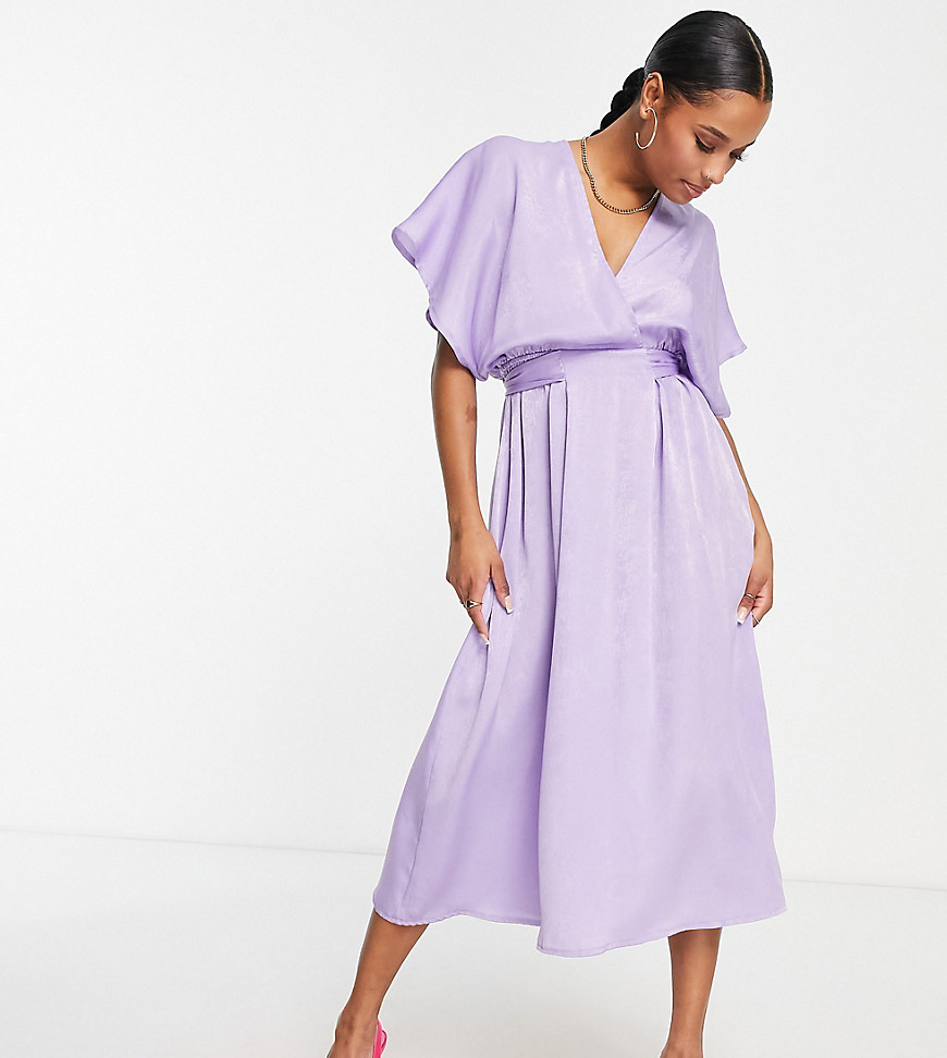 Flounce London Petite Kimono Sleeve Midi Dress In Lilac Satin-purple