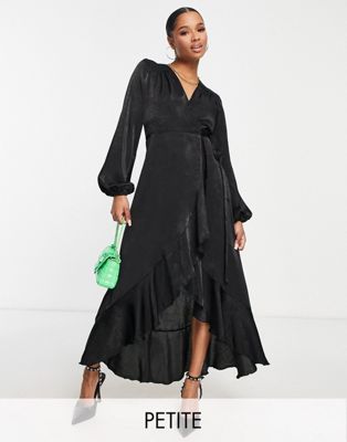 Flounce London Petite satin long sleeve wrap maxi dress in black