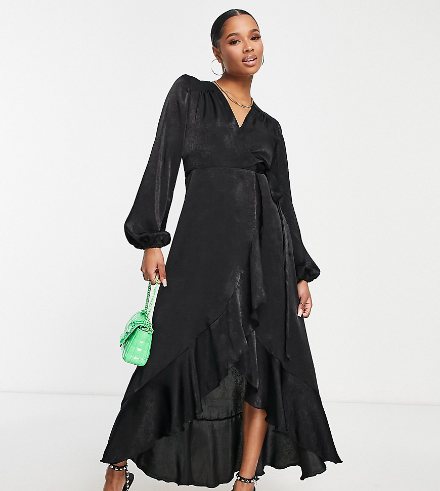 Flounce London Petite Long Sleeve Wrap Maxi Dress In Black