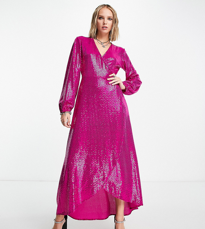 Flounce London Petite Long Sleeve Wrap Maxi Dress In Fuchsia Sequin-pink