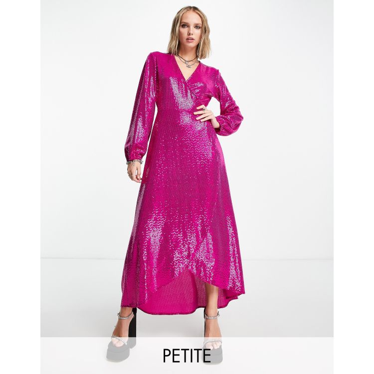 Flounce London Petite long sleeve wrap maxi dress in fuschia metallic  sparkle