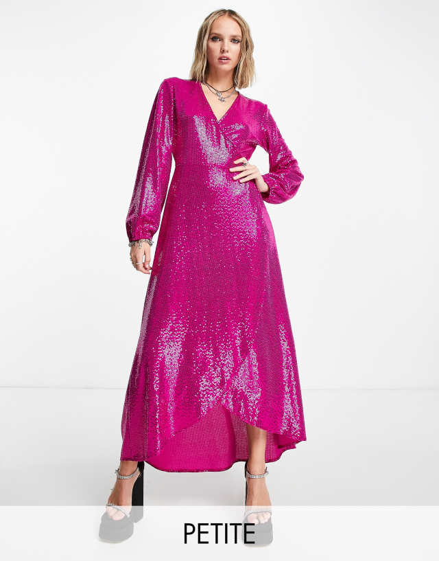 Flounce London Petite long sleeve wrap maxi dress in fuschia metallic sparkle