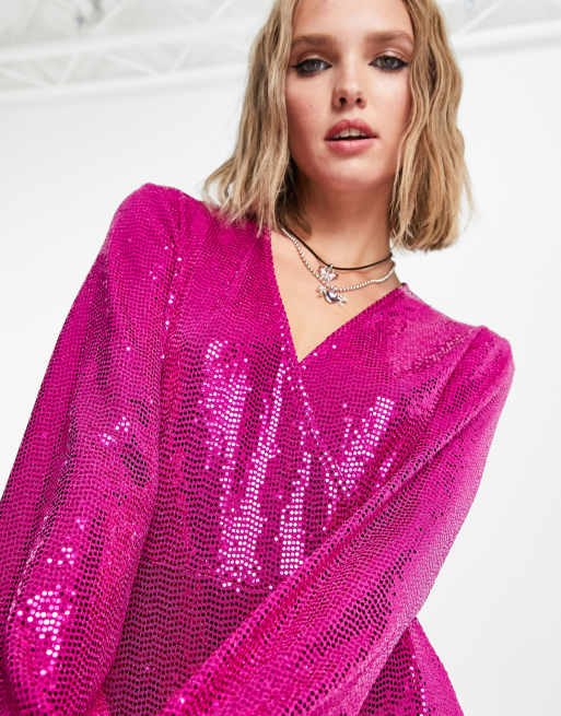 Flounce London Petite long sleeve wrap maxi dress in fuschia metallic  sparkle