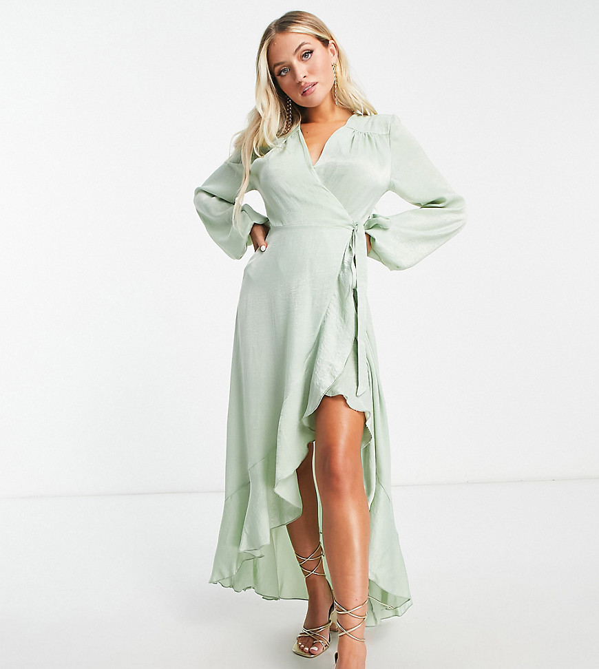 Flounce London Petite Long Sleeve Wrap Maxi Dress In Sage-green