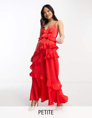 Flounce London Petite - Maxikleid in Rot mit durchgehendem Rüschenbesatz und Camisole-Trägern