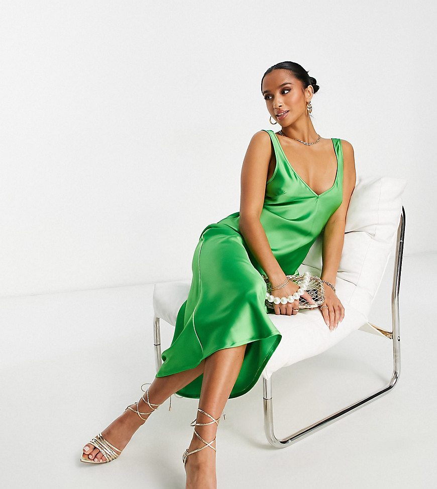 Flounce London Petite Midi Cami Dress In Bold Green Satin