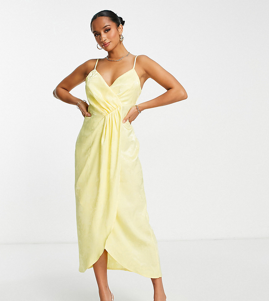 Flounce London Petite Notch Wrap Midi Dress In Yellow Floral Jacquard