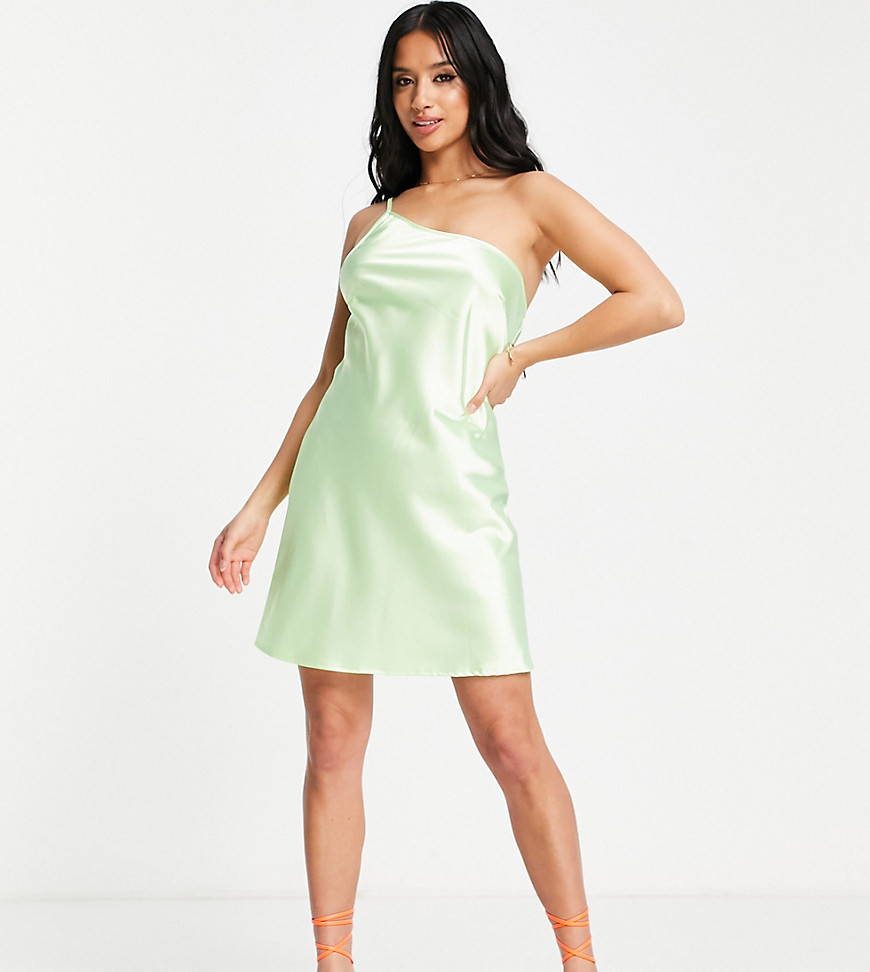 Flounce London Petite one shoulder mini dress in lime satin-Green
