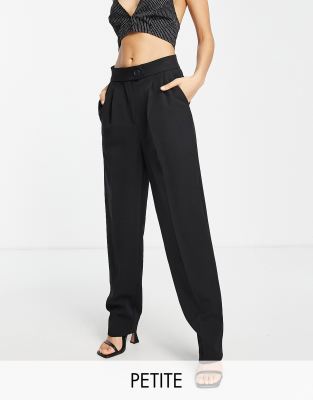 Flounce London Petite - Pantaloni dritti a pieghe in raso nero 