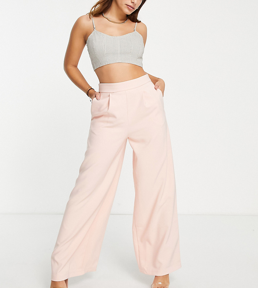 Flounce London Petite pleated wide leg pants in blush - part of a set-Pink