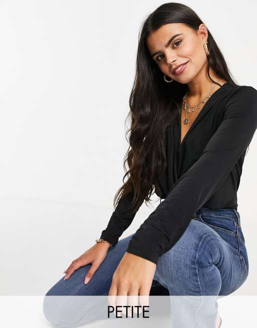 Flounce London Petite – Przylegające body kopertowe w kolorze czarnym