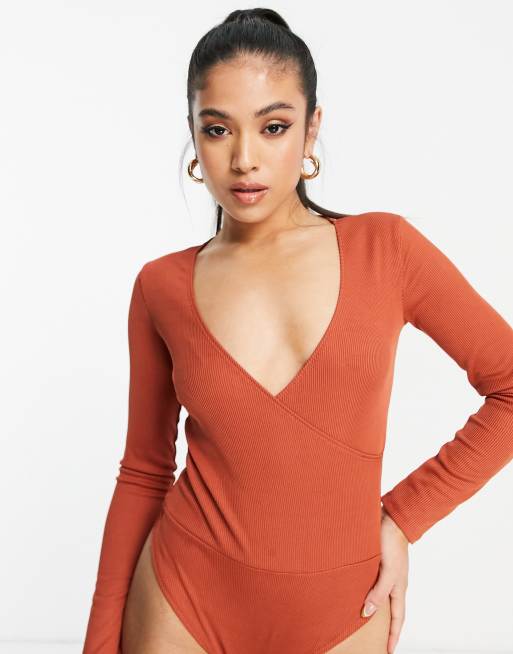 Flounce London Petite - Rustrød slå-om-bodystocking i ribstrik, 3 af 4