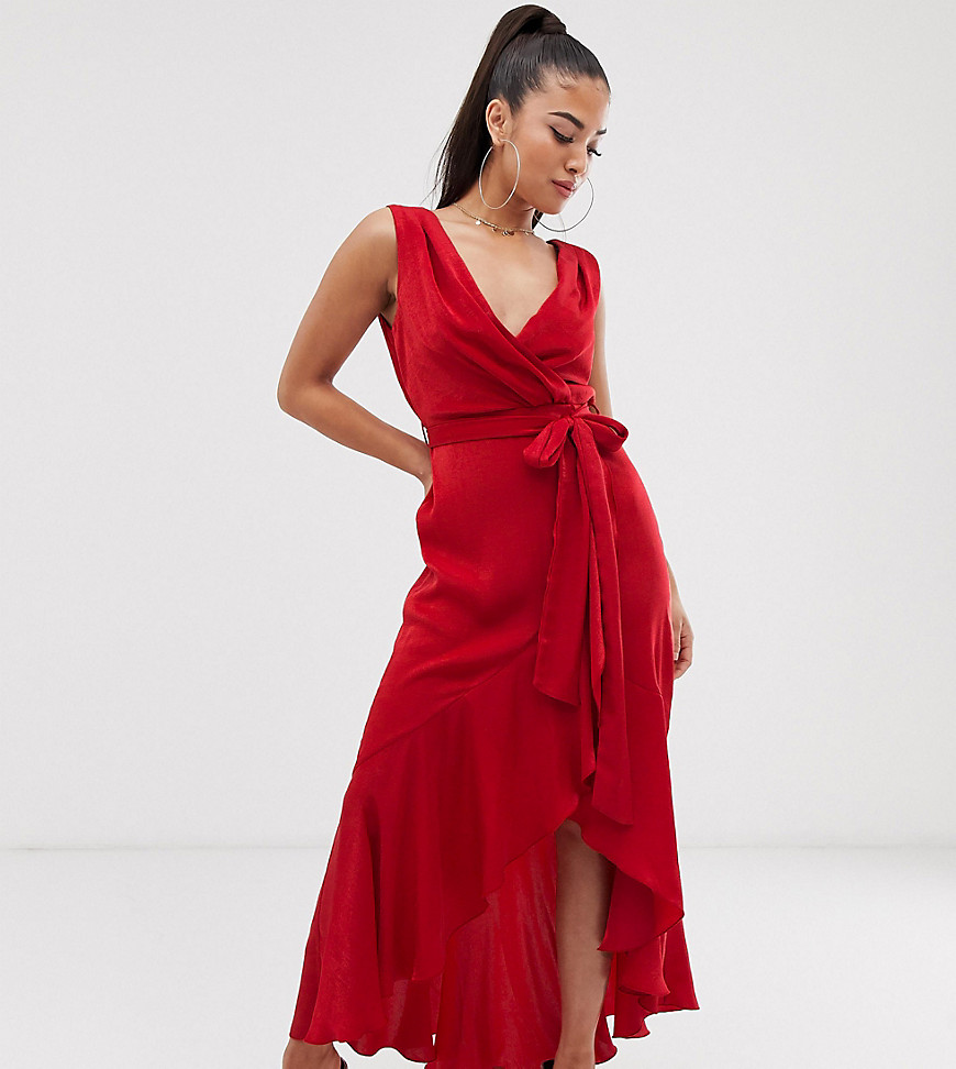 Flounce London Petite - Satijnen midaxi-jurk met overslag aan de voorkant in rood