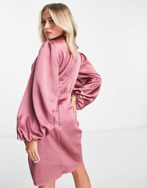 Flounce London Petite satin balloon sleeve wrap mini dress in