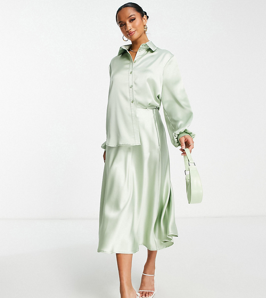 Flounce London Petite Satin Bias Cut Midi Skirt In Sage Co-Ord-Green