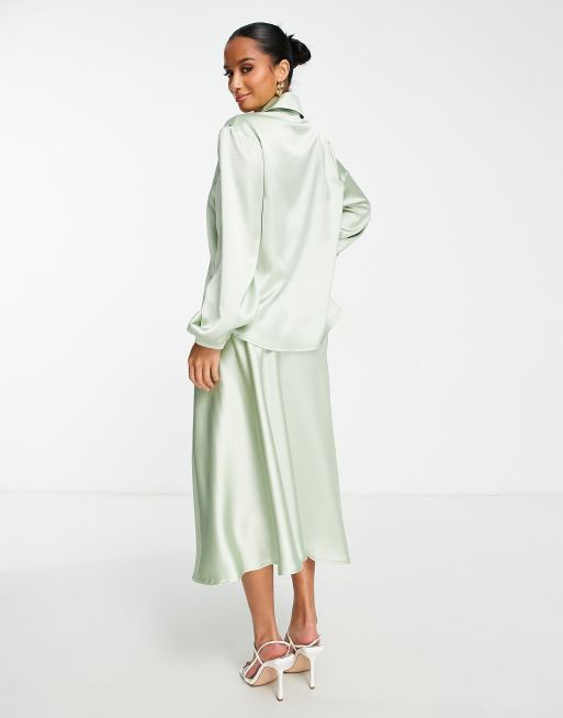 Flounce London Petite satin button up oversized shirt in sage - part of a  set