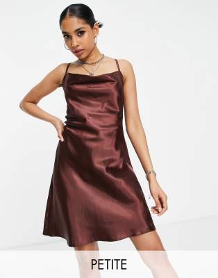 Flounce London Petite satin cowl neck mini dress in chocolate brown