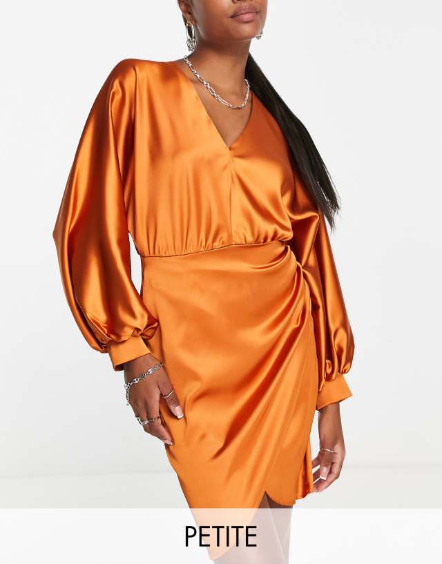 Flounce London Petite satin draped front mini dress in burnt orange