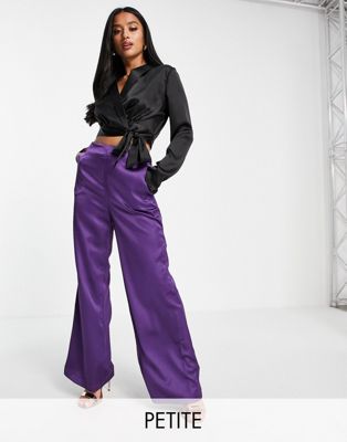 Flounce London Petite satin flare trouser co-ord in purple