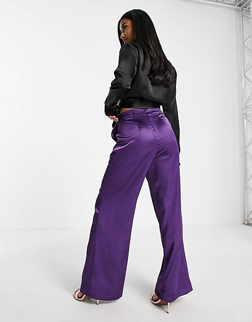 Trousers & Leggings Flounce London Petite satin flare trouser co-ord in purple 