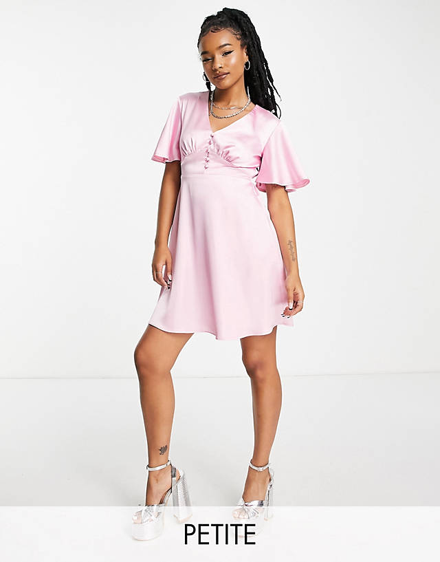 Flounce London Petite - satin flutter sleeve mini dress in pink