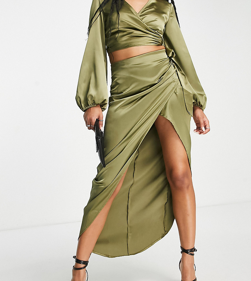 satin high waist maxi skirt with leg slit in olive - part of a set-Green