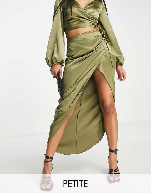 Flounce London Petite satin high waist maxi skirt with leg slit in olive -  part of a set